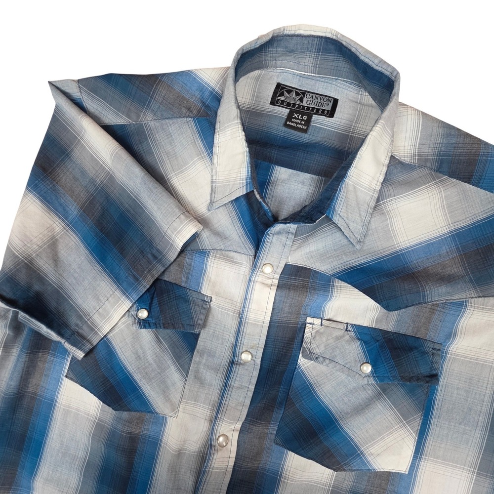 Canyon Guide Outfitters Mens XL Blue Plaid Pearl Snap Western Shirt Short Sleeve